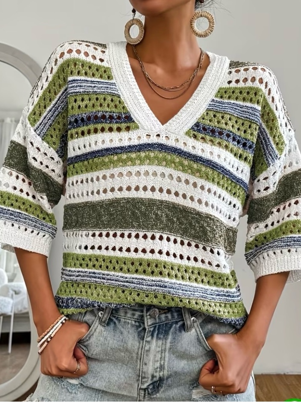 V-Neck Striped Open-Knit Sweater Top in Green & White